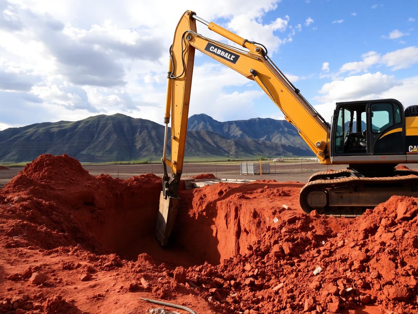 Yellow excavator digging a foundation trench in reddish earth with a mountain ridge in the background