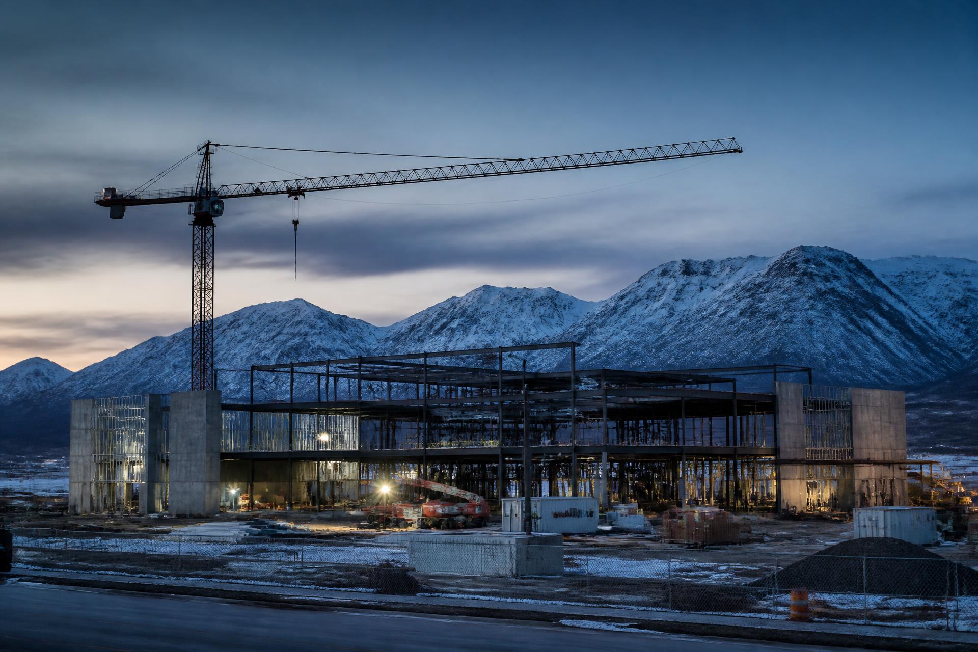 Commercial building under construction at dusk below the snow-capped Wasatch mountains